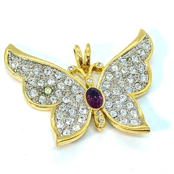 Vintage 1999 PS Co. Butterfly Crystal Rhinestone Gold Tone Amethyst Pendant - Picture 6 of 6